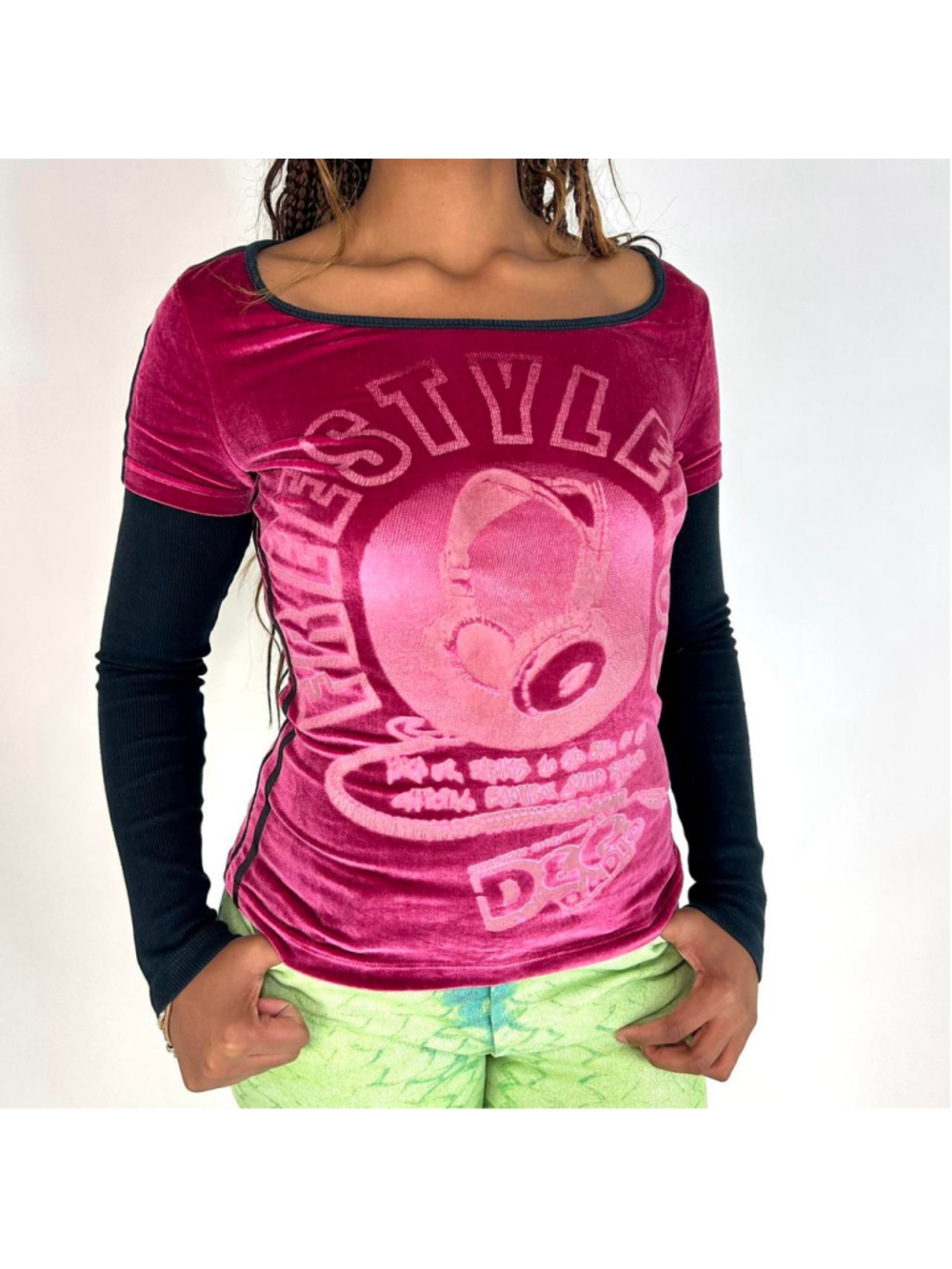 2003 D&G pink velour long sleeve top, headphones print